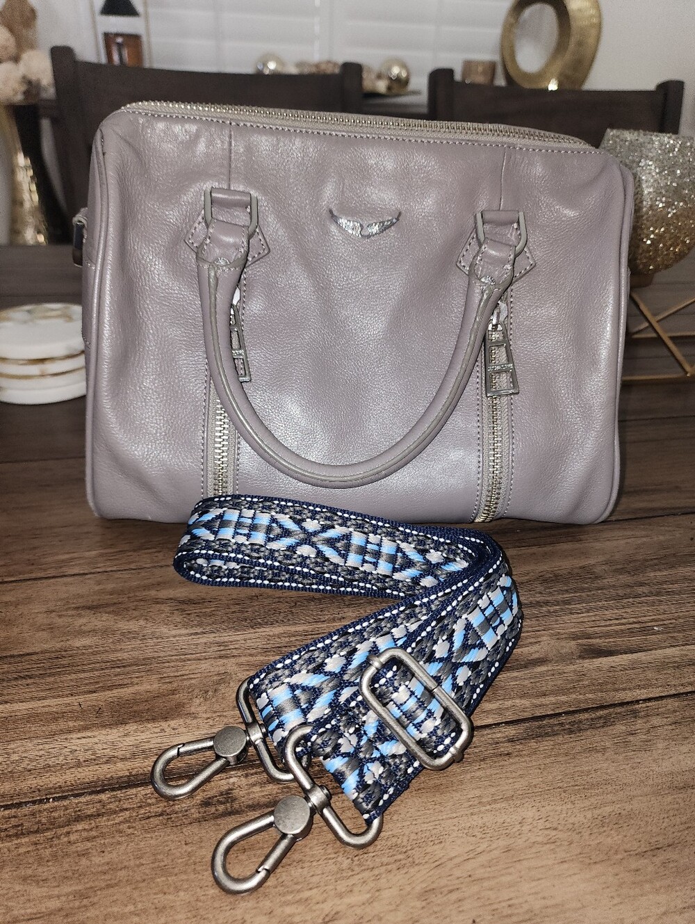 Zadig & Voltaire Taupe Leather Satchel with Blue Woven Strap
